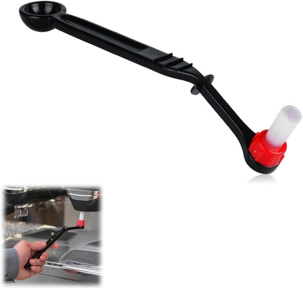 A cleaning brush for the group head with a spoon for cleaning agent from Mipro. A cleaning brush for machines