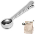 Stainless steel coffee scoop with a clip to close the bag after use